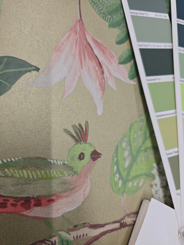 Birds Sing and Flowers Bloom Wallpaper - Gold Green