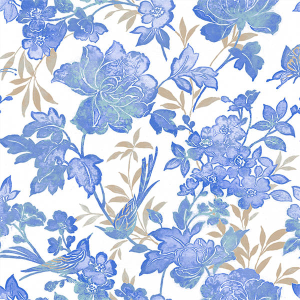 Blooms and Birds Wallpaper - Blue with White Shimmer