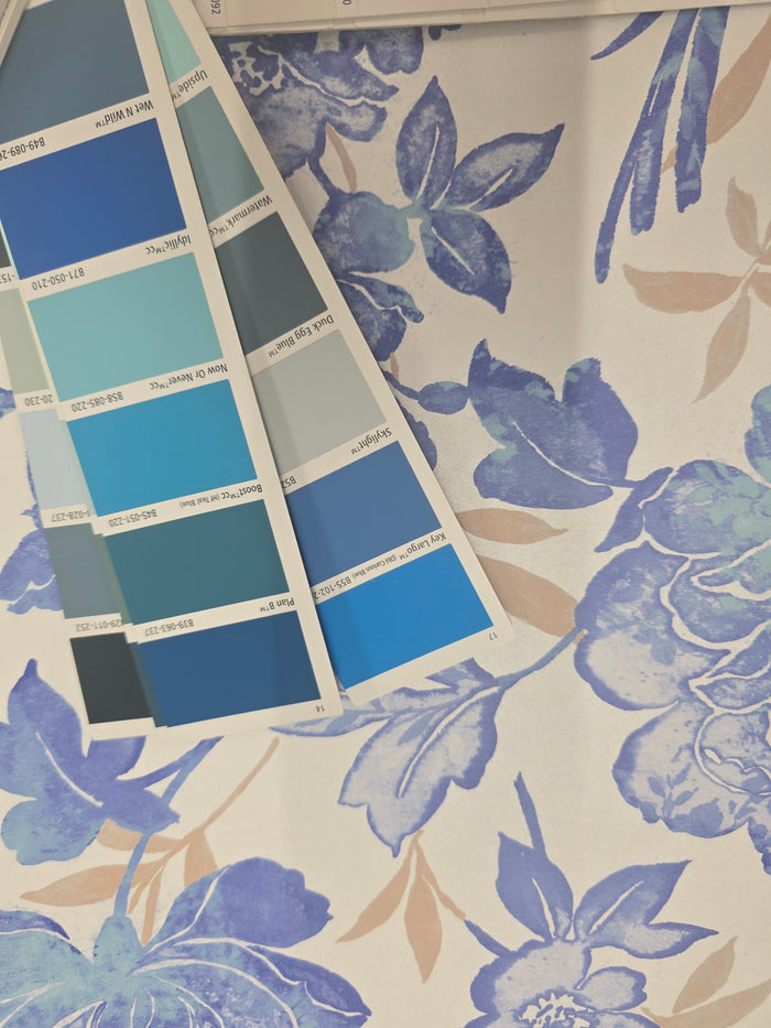 Blooms and Birds Wallpaper - Blue with White Shimmer