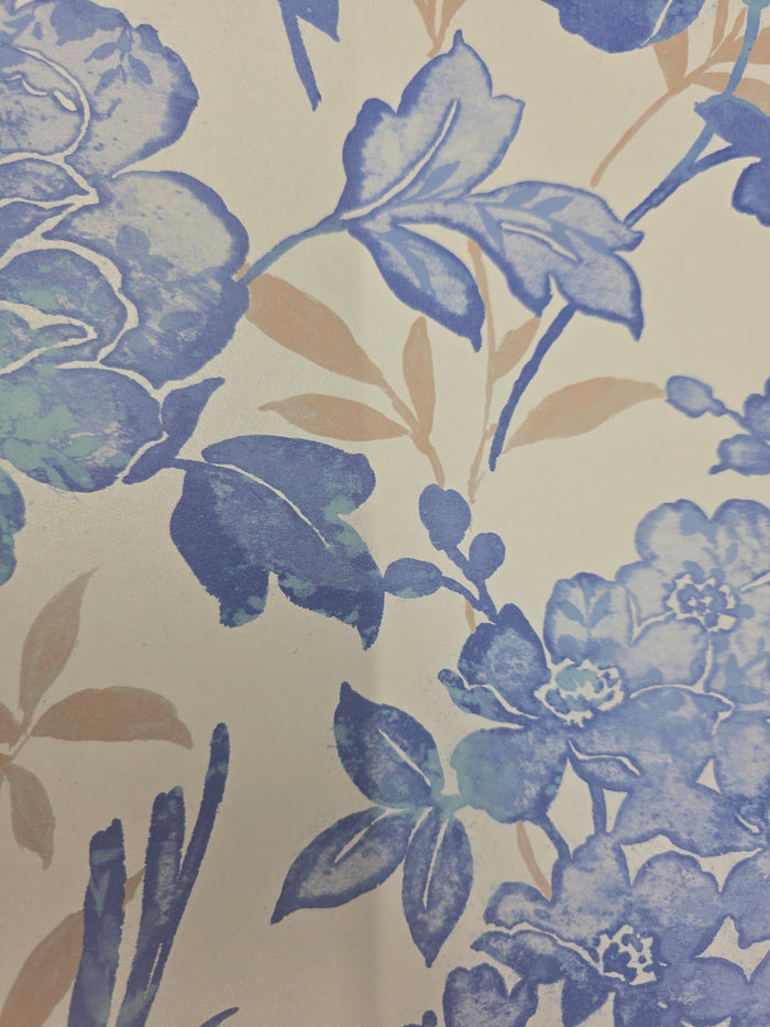 Blooms and Birds Wallpaper - Blue with White Shimmer