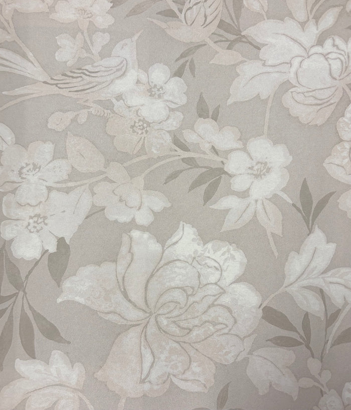 Blooms and Birds Wallpaper - Ecru Shimmer