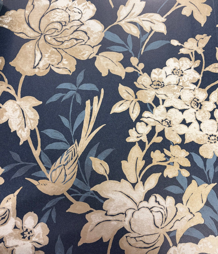 Blooms and Birds Wallpaper - Navy with Gold Shimmer