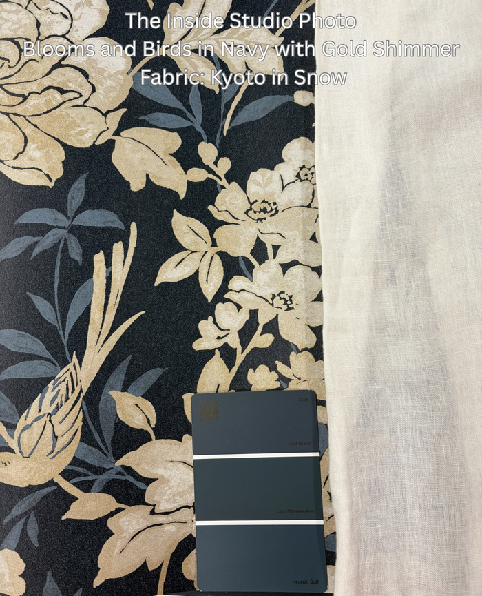 Blooms and Birds Wallpaper - Navy with Gold Shimmer