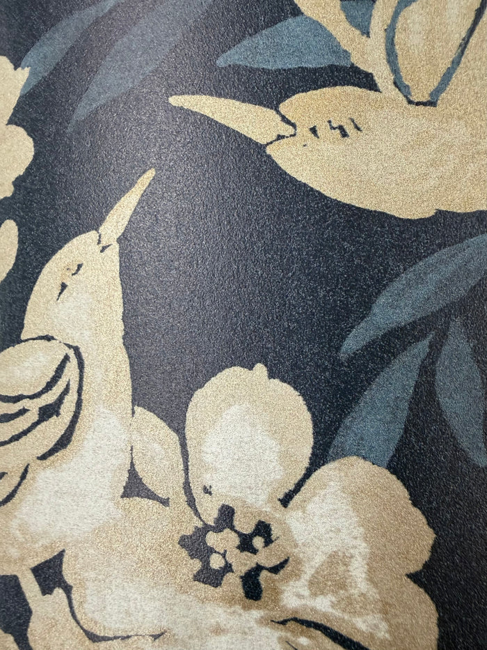 Blooms and Birds Wallpaper - Navy with Gold Shimmer