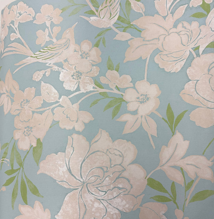 Blooms and Birds Wallpaper -Dusky Blue with Beige Shimmer