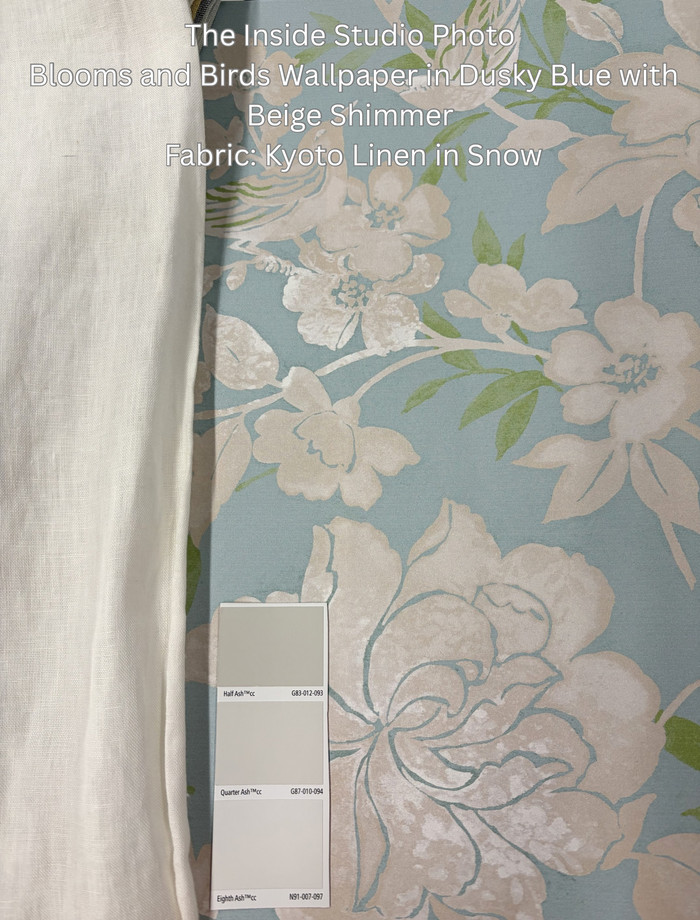 Blooms and Birds Wallpaper -Dusky Blue with Beige Shimmer