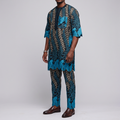 Blue & Gold Leaf-Patterned Buba & Sokoto Set