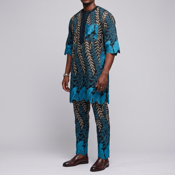 Blue & Gold Leaf-Patterned Buba & Sokoto Set