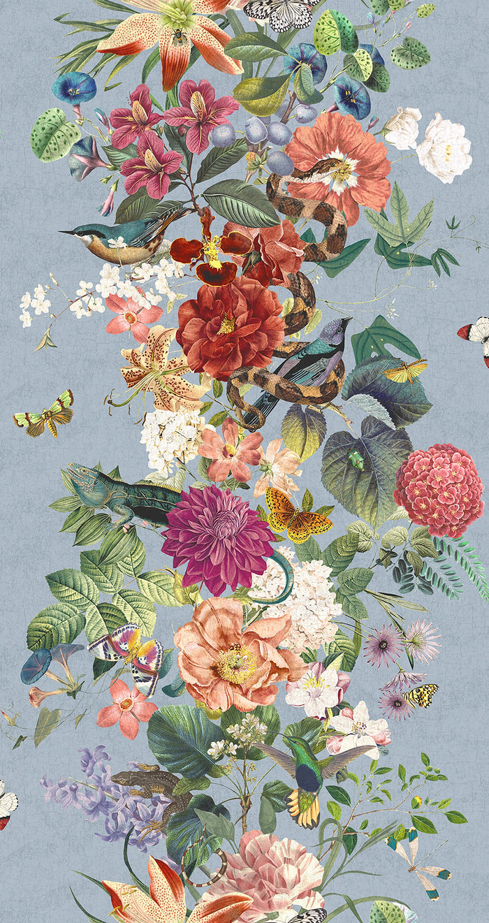 Sky blue botanical stripe wallpaper with roses and blossom — flat pattern detail, Blume by The Inside