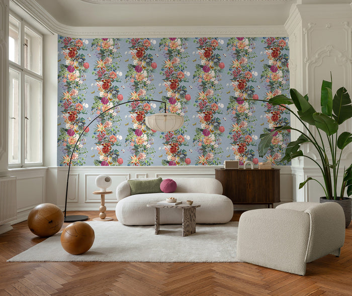 Blume wallpaper in Sky Blue on a feature wall, flowing stems with roses and a bird