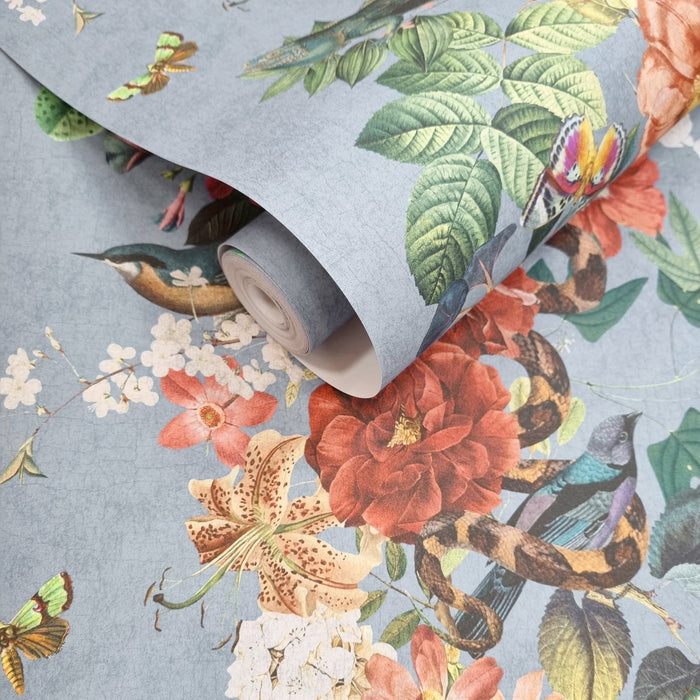 Blume Sky Blue wallpaper roll showing the botanical stripe repeat