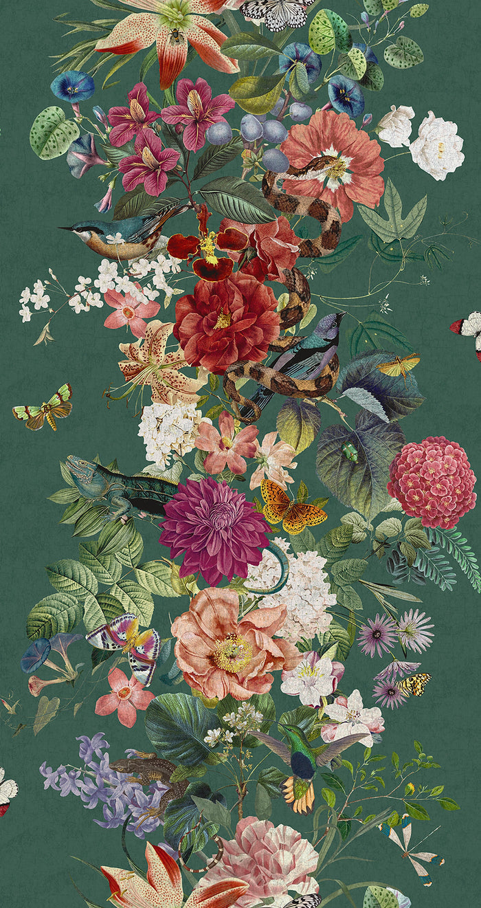 Teal botanical stripe wallpaper with roses and blossom — flat pattern detail, Blume by The Inside