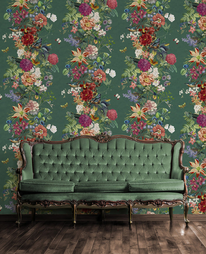 Blume wallpaper in Teal on a feature wall, flowing stems with roses and a bird