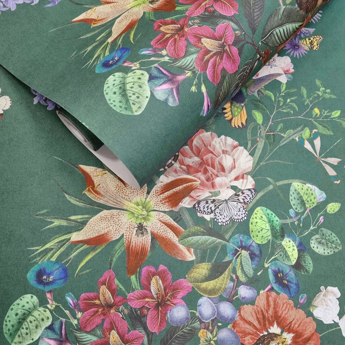 Blume Teal wallpaper roll showing the botanical stripe repeat