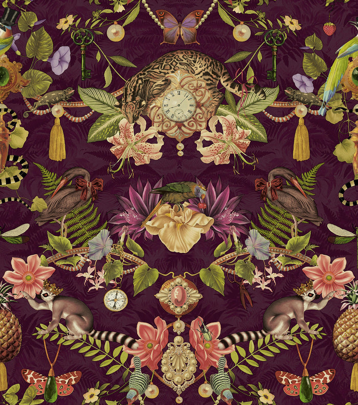 Berry curiosities-cabinet wallpaper with a spotted wildcat, pocket watch, lemurs and parrots — flat pattern detail