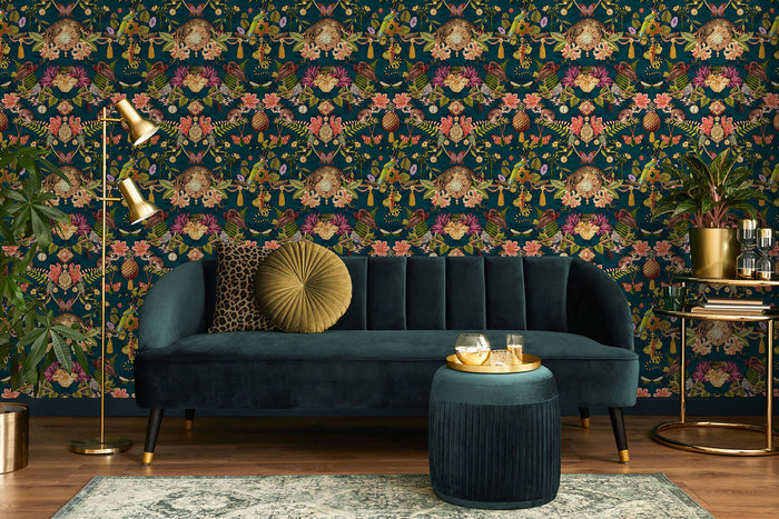 Bohème wallpaper in Dark Teal on a feature wall, showing the mirrored curiosity-cabinet pattern