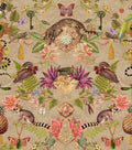 Gold curiosities-cabinet wallpaper with a spotted wildcat, pocket watch, lemurs and parrots — flat pattern detail