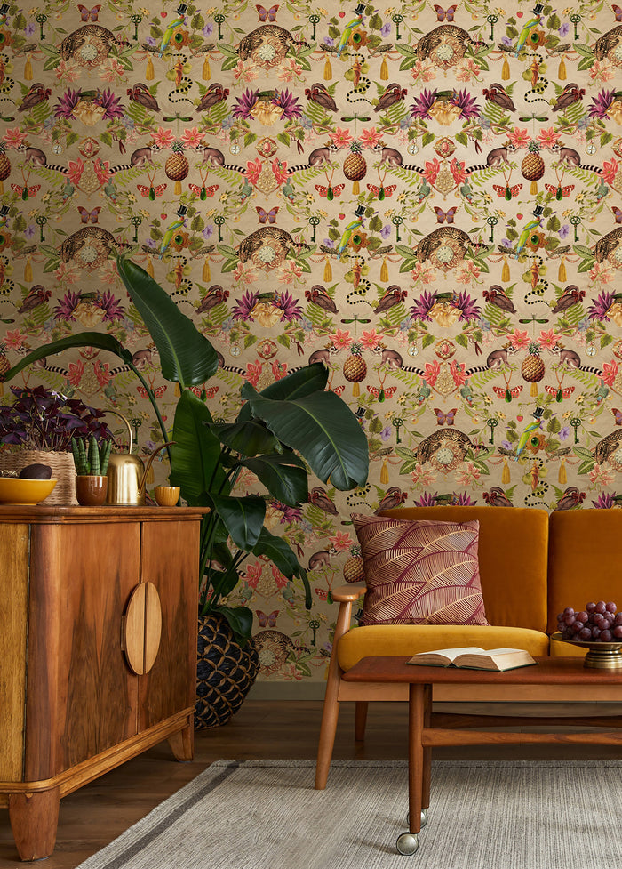 Bohème wallpaper in Gold on a feature wall, showing the mirrored curiosity-cabinet pattern