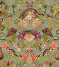 Sage curiosities-cabinet wallpaper with a spotted wildcat, pocket watch, lemurs and parrots — flat pattern detail