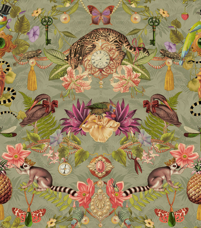 Sage curiosities-cabinet wallpaper with a spotted wildcat, pocket watch, lemurs and parrots — flat pattern detail