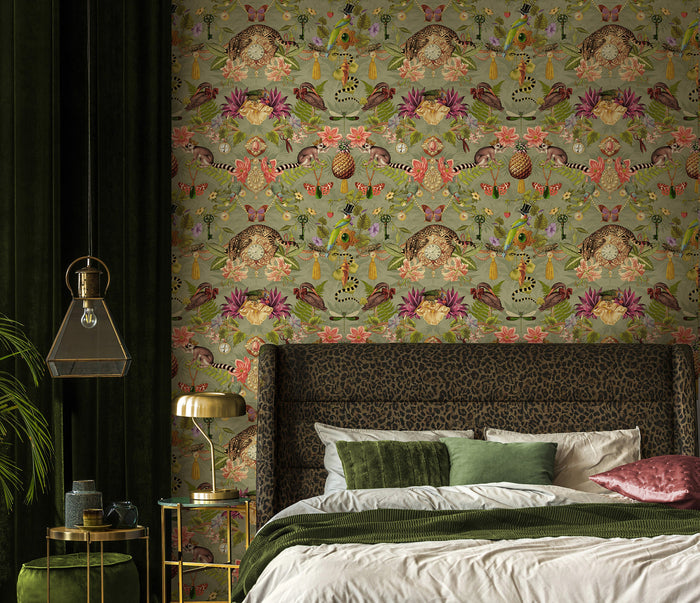 Bohème wallpaper in Sage on a feature wall, showing the mirrored curiosity-cabinet pattern