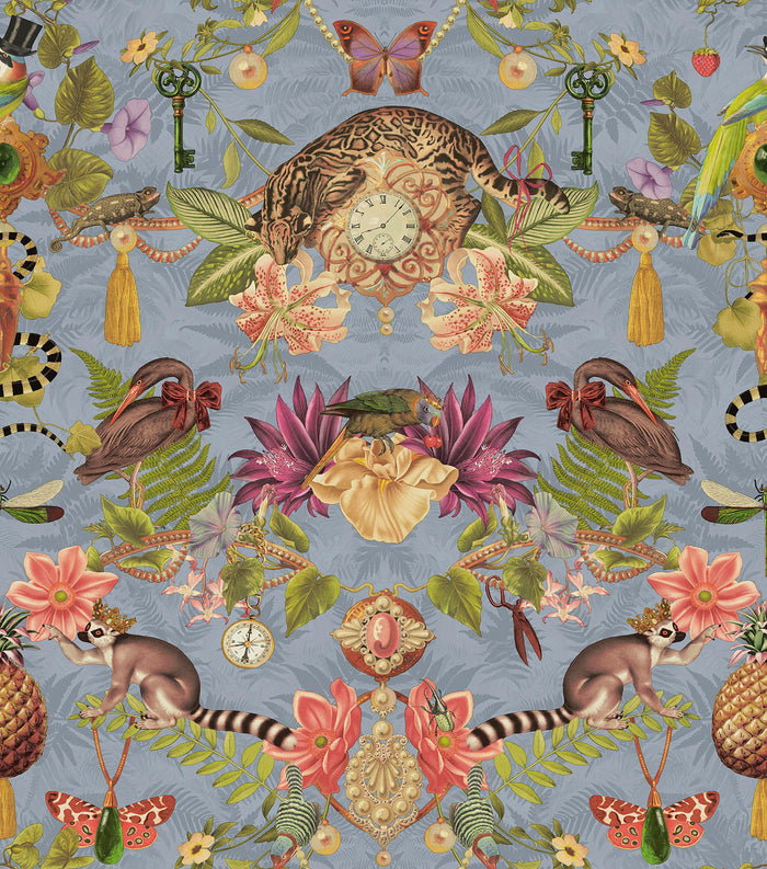 Sky Blue curiosities-cabinet wallpaper with a spotted wildcat, pocket watch, lemurs and parrots — flat pattern detail