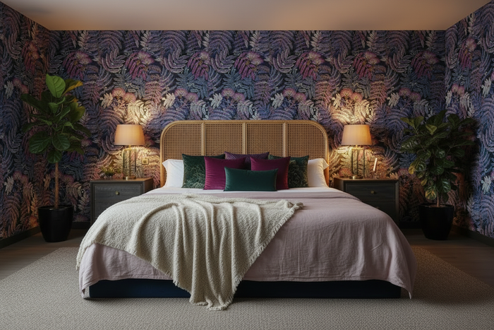 Botanica Albizia Dark Purple Bedroom - Light Pink Bedspread