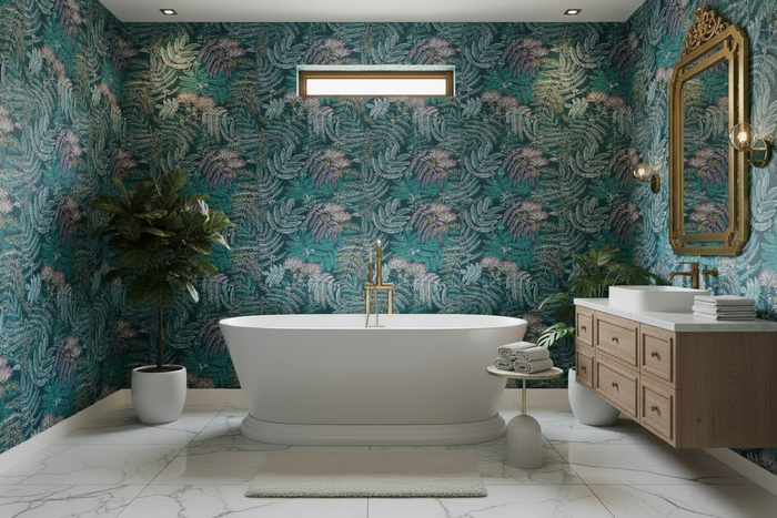 Botanica Albizia Wallpaper - Bathroom with Vanity Unit