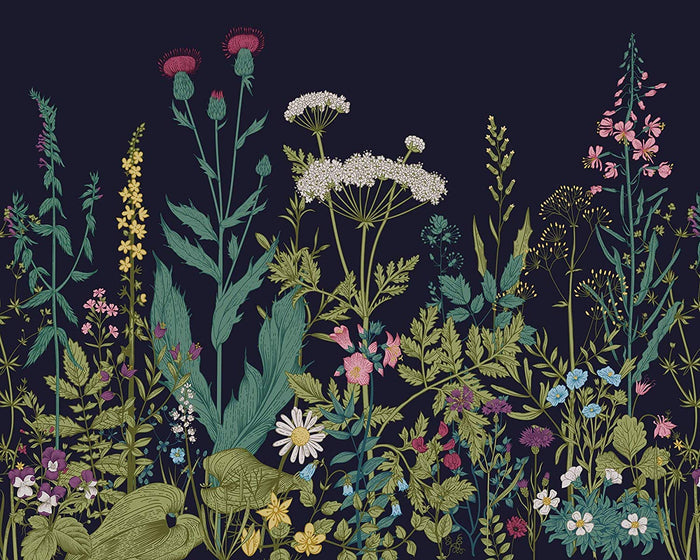 Botanical Fleur Mural Wallpaper - Indigo