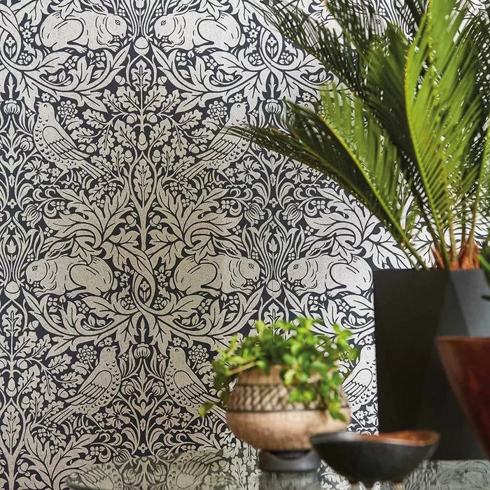 Brer Rabbit by Morris Wallpaper - Ink/Silver