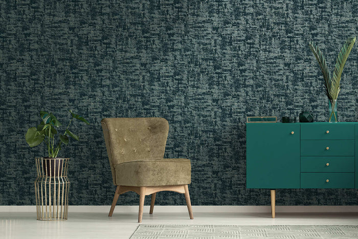 Brindle Flock wallpaper in teal on a feature wall, a moody petrol-green texture