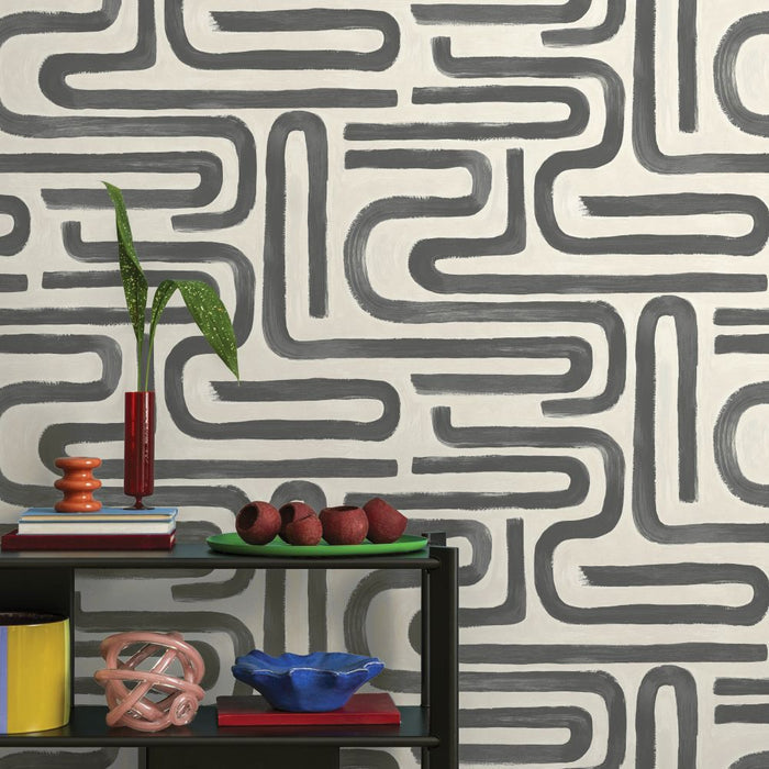 Brushed Geo – Hand Painted Geometric Wallpaper – Charcoal Cream