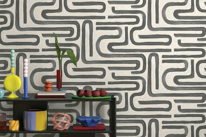 Brushed Geo Wallpaper - Charcoal Cream roomshot