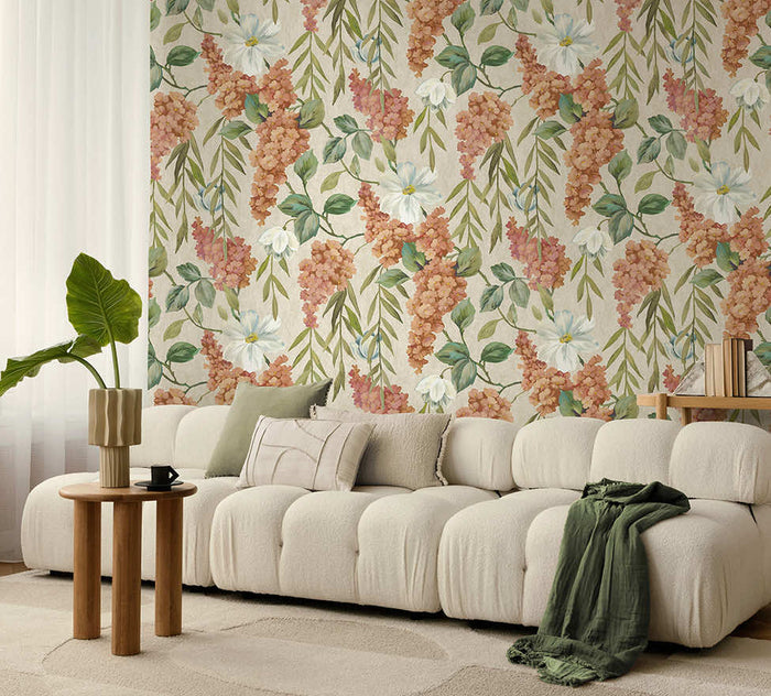 Buddleia – Trailing Blooms Wallpaper – Coral/Beige