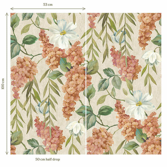 Buddleia – Trailing Blooms Wallpaper – Coral/Beige