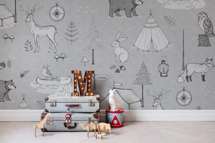 Camping Trip - Grey - Custom Sized Mural Wallpaper (per m2)