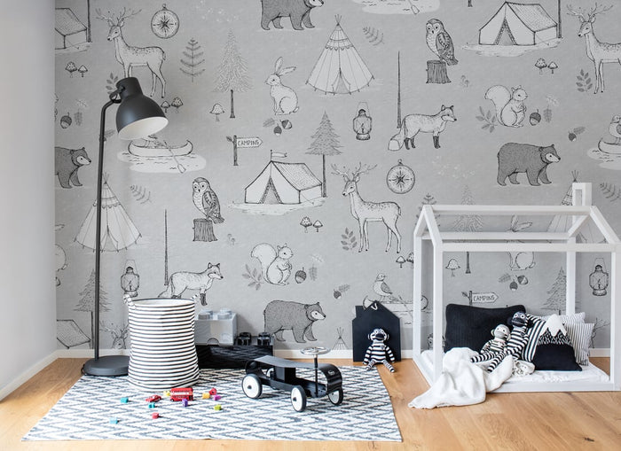 Camping Trip - Grey - Custom Sized Mural Wallpaper (per m2)