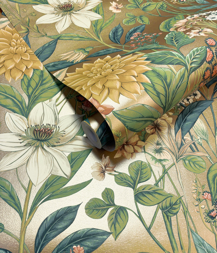 Clematis – Trailing Floral Wallpaper – Gold