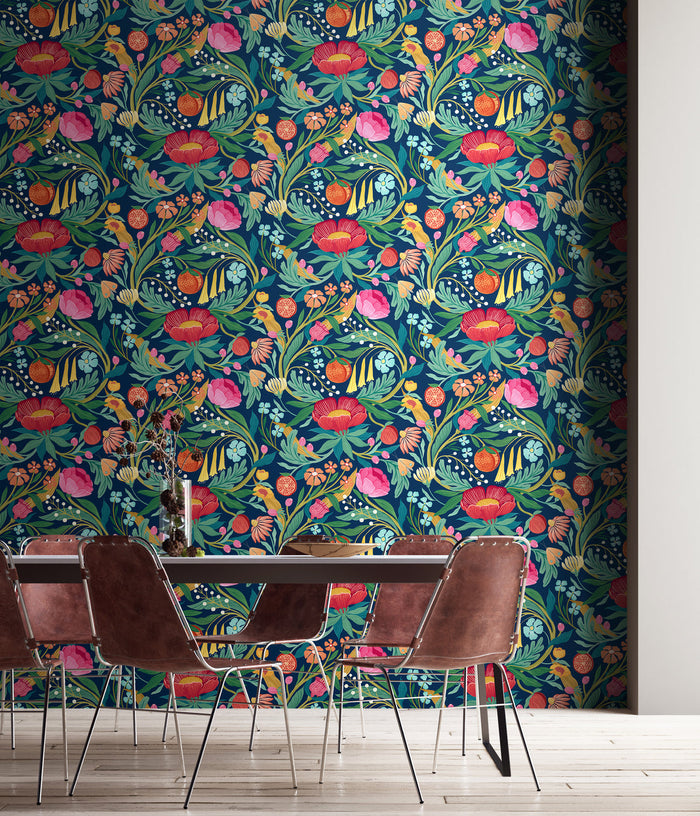 Clementine Wallpaper - Ink & Flamingo