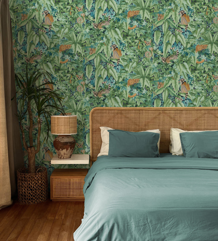 Comoros – Hidden Lemur Wallpaper – Aqua/Green