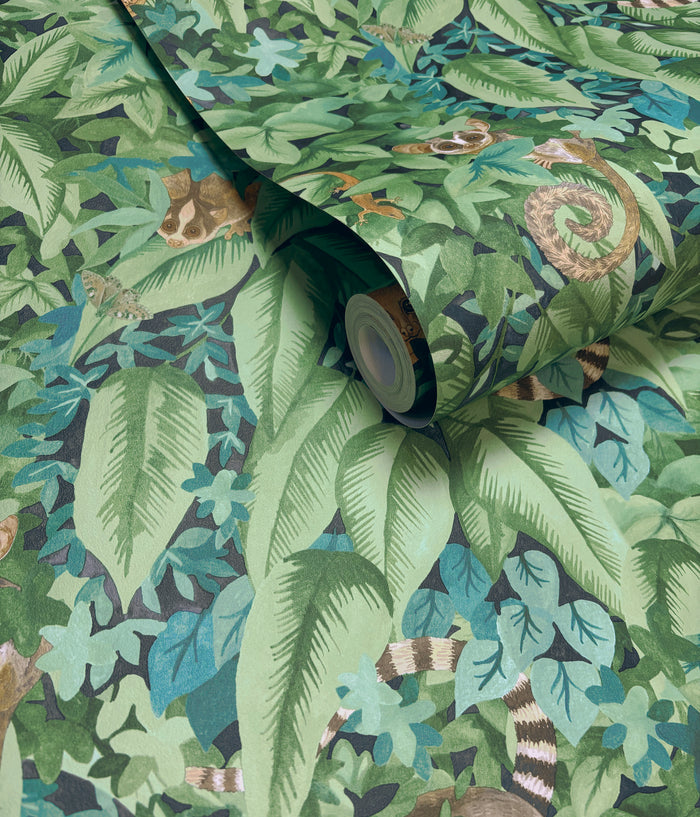 Comoros – Hidden Lemur Wallpaper – Aqua/Green