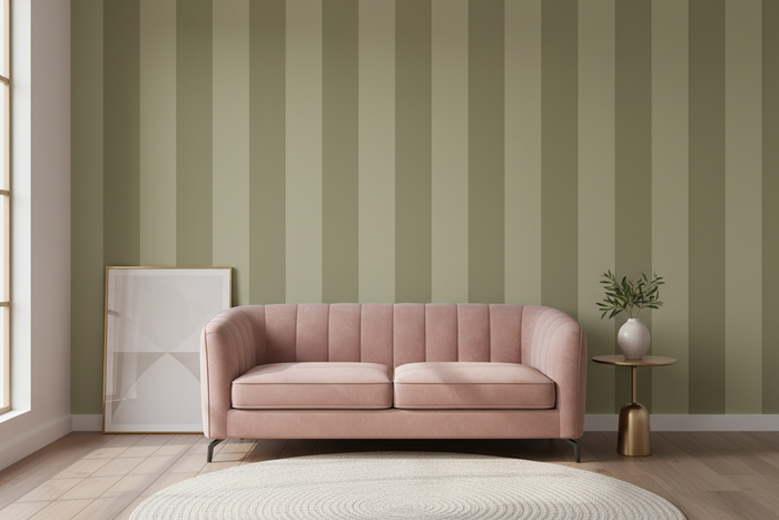 Cordelia Stripe Green - Room Shot with Pink Couch