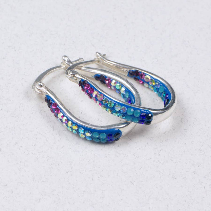 Crystal Small Hoop Earring by Mosaico Jewels featuring sparkling crystals in vibrant colors, showcased in a close-up image highlighting their intricate design.