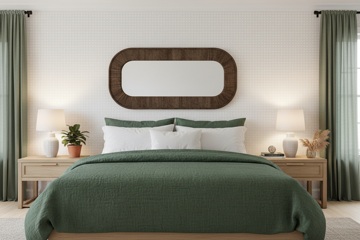 Bedroom with Rustic Oblong Rattan Mirror