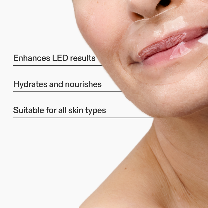 Woman wearing the hydrogel lip mask and key features listed