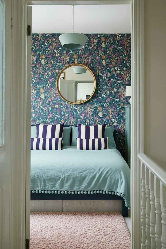 Bedroom with light pink rug