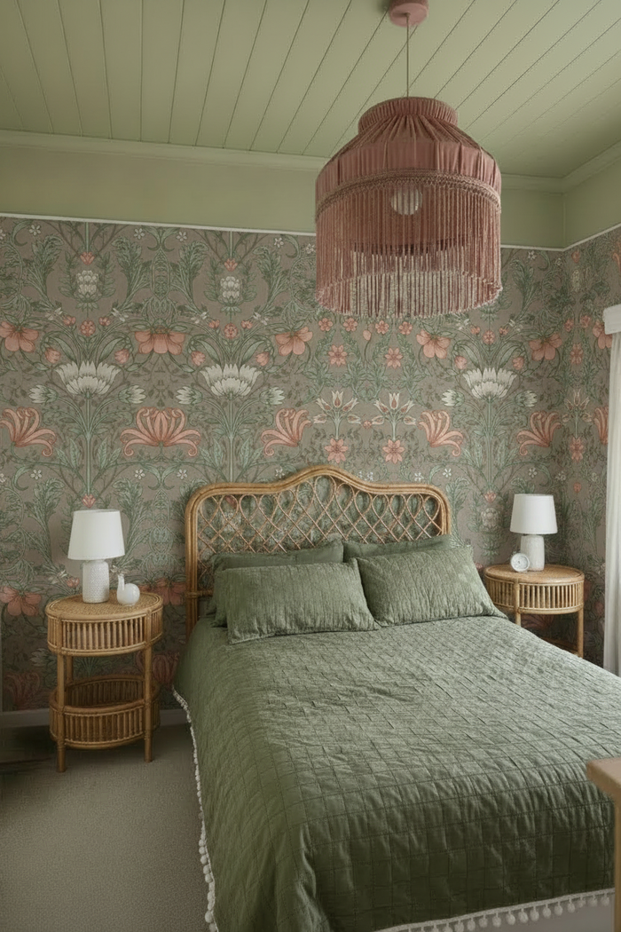 Bedroom with Emiliana Trailing Floral Wallpaper - Champagne