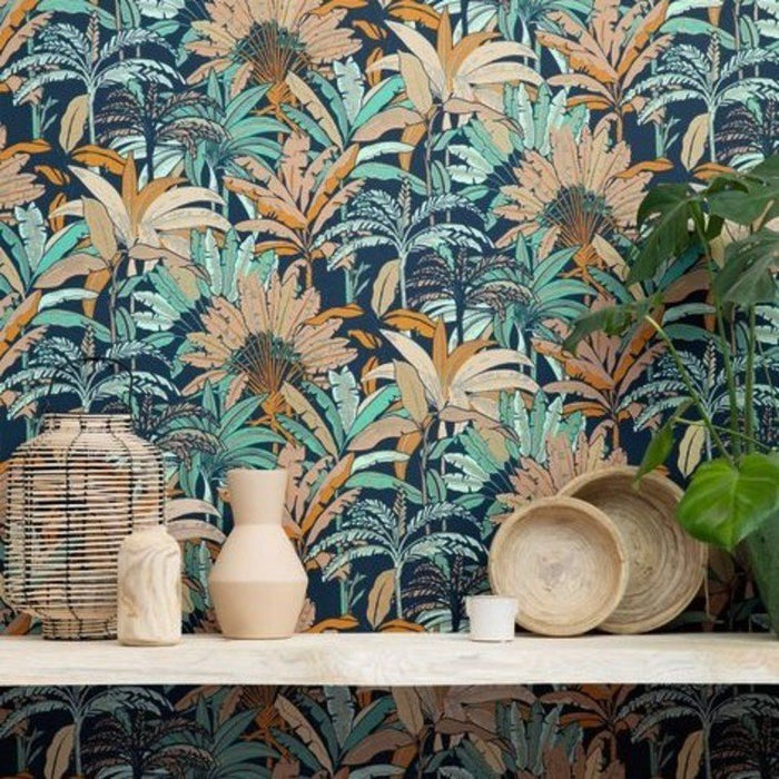 Evasion Jungle Vinyl Wallpaper - Blue Orange Gold
