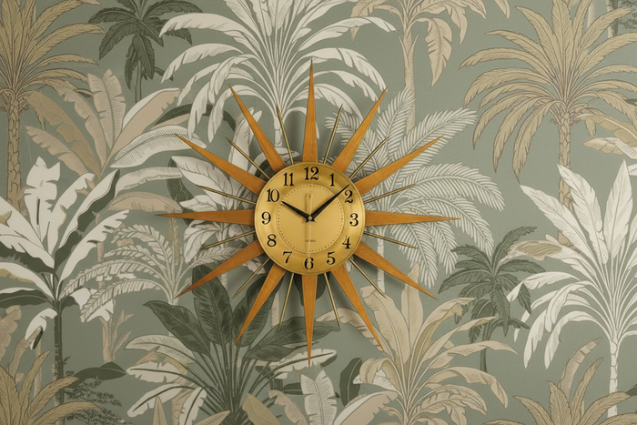 Evasion Wallpaper - Kaki Beige with starburst clock