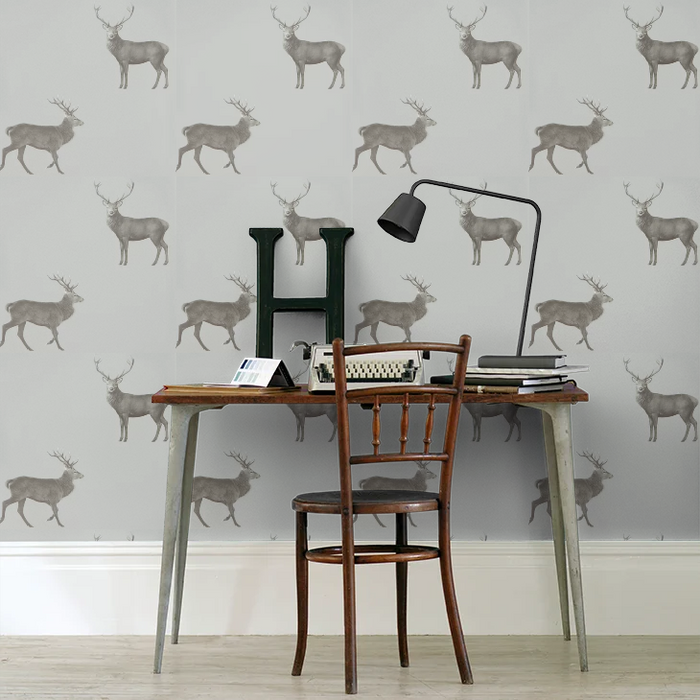 Evesham Deer Wallpaper - Silver Grey